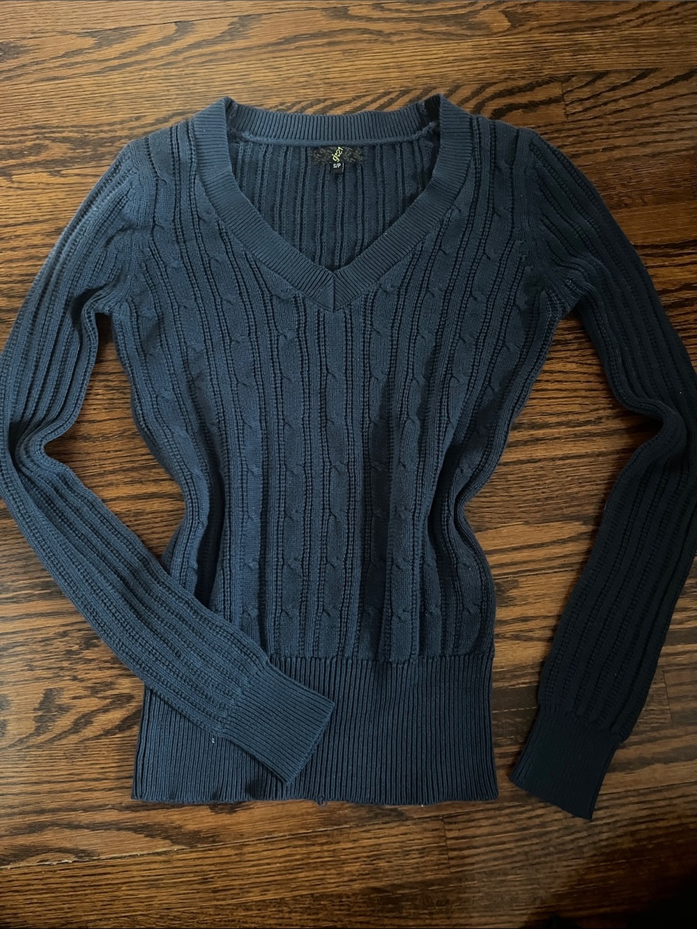 Women's Cable Knit V-Neck Sweater in Navy